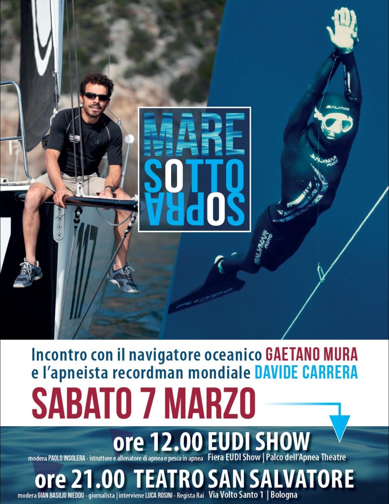 La locandina dell'incontro tra il navigatore oceanico Gaetano Mura e l'apneista Davide Carrera